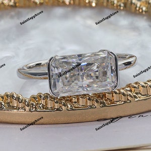 Radiant Cut Moissanite Ring Solitaire East West Moissanite Engagement Ring 2.0 Ct Radiant Cut Diamond Ring Bezel Set Moissanite Wedding Ring