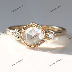 Antique Rose Cut Moissanite Ring Wedding Rose Cut Ring 1.55 Ctw Round Rose Cut Engagement Ring Yellow Gold Three Stone Rose Cut Diamond Ring