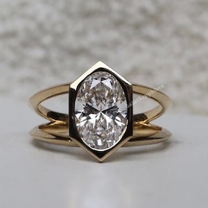 Bezel Set Oval Moissanite Ring Solitaire Oval Cut Engagement Ring 2.00 Ct Double Band Wedding Ring 14k Yellow Gold Diamond Ring For Woman