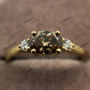East West Dark Brown Moissanite Ring Three Stone Champagne Diamond Ring 1.50 Ctw Oval Cut Brown Moissanite Engagement Ring Gold Bridle Ring