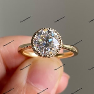 Solitaire Antique Moissanite Engagement Ring Bezel Set Bridle Ring Old European Cut Moissanite Ring 2.0 Ct Round Cut Old Mine Diamond Ring