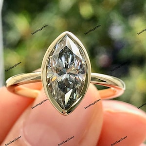 1.6Ct Marquise Cut Grey Moissanite Engagement Ring Solitaire Moissanite Wedding Ring Bezel Set Gray Moissanite Ring Yellow Gold Diamond Ring