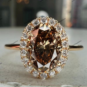Dark Brown Moissanite Ring Halo Diamond Wedding Ring 3.20 Ctw Oval Cut Brown Champagne Moissanite Engagement Ring Yellow Gold Bridle Ring