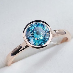 2.00 Ct Rund Portugieser Cut Moissanit Ring Lünette Set Solitär Verlobungsring Blau Moissanite Ehering Weißgold Jubiläumsgeschenk