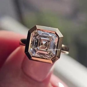 3.50 Ct Solitaire Asscher Engagement Ring Asscher Cut Moissanite Ring Bezel Set Wedding Ring Yellow Gold Diamond Ring Gift For Wife & Women