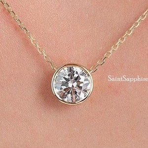 Round Cut Moissanite Necklace 1.50 Ct Bezel Set Moissanite Necklace Solitaire Moissanite Wedding Necklace Yellow Gold Diamond Necklace Women