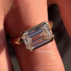 Emerald Cut Moissanite Ring East West Engagement Ring 3.50 Ct Bezel Set Wedding Ring Solitaire Bridle Ring Yellow Gold Diamond Ring Gift