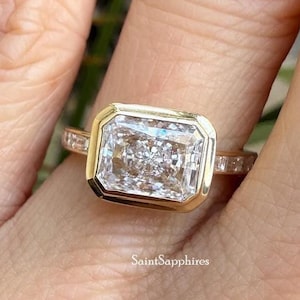 Radiant Cut Moissanite Ring Bezel Set Wedding Ring 3.00 Ctw Solitaire East West Engagement Ring Baguette Anniversary Ring Gift For Women