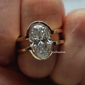 3.00 Ct Oval Moissanite Ring Two Band Bezel Set Moissanite Wedding Ring Solitaire Moissanite Engagement Ring Yellow Gold Diamond Ring Gift