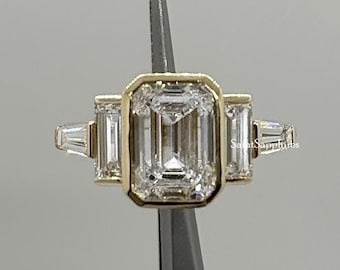 Emerald Moissanite Ring 2.65 Ctw Five Stone Moissanite Wedding Ring Bezel Set Wedding Ring Yellow Gold Diamond Anniversary Ring Gift Women