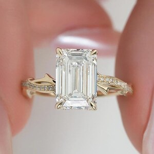 Emerald Cut Moissanite Ring Halo Engagement Ring 2.65 Ctw Emerald Pave Wedding Ring Yellow Gold Diamond Ring Gift For Women Antique Ring