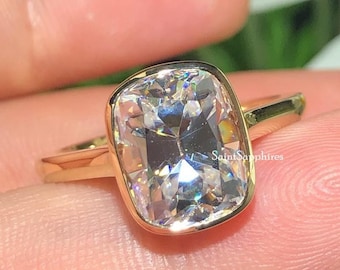 Elongated Cushion Cut Moissanite Ring 3.00 Ct Antique Cushion Diamond Ring Bezel Set Old European Cut Ring OMC Cut Solitaire Ring For Woman