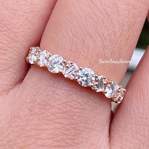 Round Cut Moissanite Diamond Wedding Band 3.50 Ctw Baguette Moissanite Ring Cluster Moissanite Full Eternity Band Ring Anniversary Gift