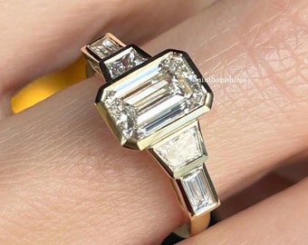 Emerald Cut Moissanite Ring 2.75 Ctw FIve Stone Engagement Ring Bezel Set Wedding Ring Yellow Gold Diamond Anniversary Ring Gift Women
