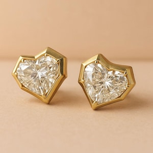 Bezel Set Moissanite Stud Earring Heart Cut Stud Earring 2 + 2 Ct Heart Shape Moissanite Earring Yellow Gold Diamond Earring Gift For Her