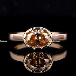 1.50 Ct Oval Cut Moissanite Ring Champagne Moissanite Ring Bezel Set Wedding Ring Solitaire Engagement Ring East West Oval Diamond Ring