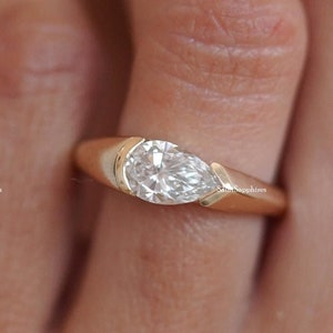 Half Bezel Engagement Ring 1.50 Ct Marquise Cut Moissanite Ring Solitaire East West Wedding Ring Yellow Gold Diamond Anniversary Ring Gift