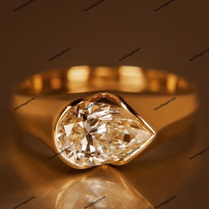 East West Pear Moissanite Solitaire Moissanite Ring 2.00 Ct Pear Cut Moissanite Bezel Set Engagement Ring Yellow Gold Wedding Diamond Ring
