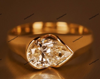 East West Pear Moissanite Solitaire Moissanite Ring 2.00 Ct Pear Cut Moissanite Bezel Set Engagement Ring Yellow Gold Wedding Diamond Ring