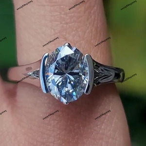Oval Cut Grey Moissanite Ring 2.00 Ct Half Bezel Set Gray Moissanite Ring Solitaire Oval Moissanite Ring Silver Engagement Ring Wedding Ring
