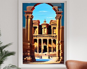 May include: A framed print of a vintage travel poster featuring an archway leading to a building with columns. The building is in a desert setting with a blue sky and clouds. The poster is hanging on a white wall in a room with a brown leather egg chair and a small table.