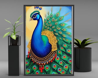 Belleza de pavo real - pintura de impresión digital de pintura de pavo real vibrante - arte de pared imprimible