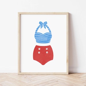 Swimsuit print digital download, water color style, aesthetic lake house, trendy wall art, printable poster, preppy coastal gallery wall art