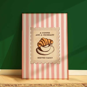 Impresión de café y croissant, póster de sello para pared de cocina, regalo de inauguración de la casa, póster retro de rayas rosas, boceto dibujado a mano, arte imprimible