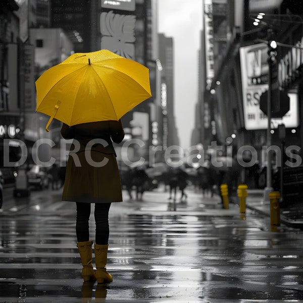 Woman with a yellow umbrella in the rain/black and white cityscape print/yellow umbrella/rainy city print/fashion photography/fashion photo