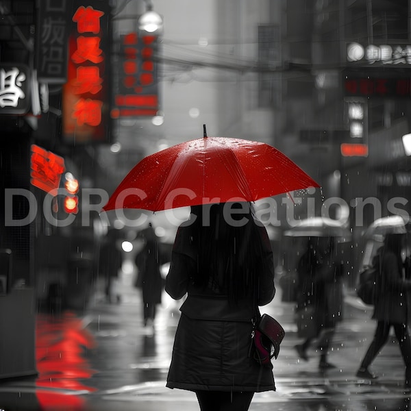 Woman with a red umbrella in the rain/black and white cityscape print/red umbrella/rainy city print/fashion photography print/fashion photo
