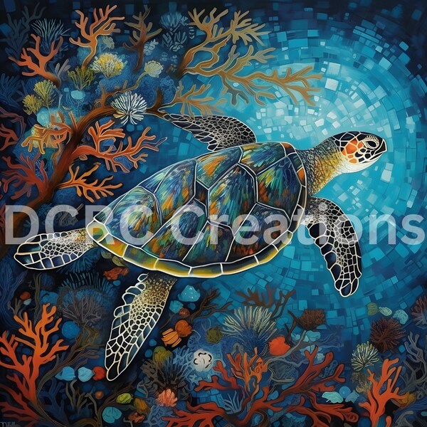 Sea turtle swimming among sea fans and coral/sea turtle print/ocean landscape/sea turtle print/colorful sea turtle print/sea turtle art