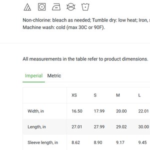 May include: Size chart for a garment with measurements in inches for width, length, and sleeve length. Sizes range from XS to 4XL.