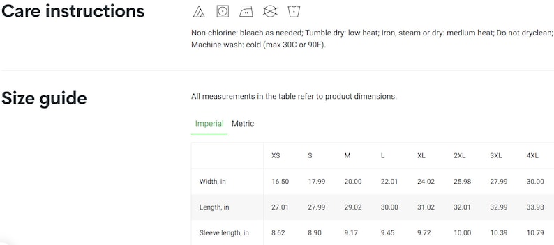 May include: Size chart for a garment with measurements in inches for width, length, and sleeve length. Sizes range from XS to 4XL.