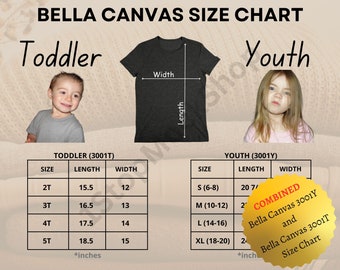 Combined 3001T 3001Y Size Chart, 3001T Toddler TShirt Size Chart, Bella Canvas 3001Y Measurements, 3001T Size Chart, Bella Canvas Size Chart