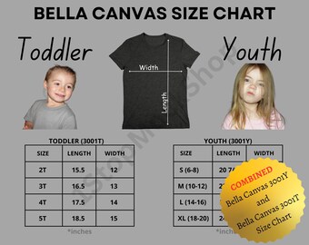 Combined 3001T 3001Y Size Chart, 3001T Toddler TShirt Size Chart, Bella Canvas 3001Y Measurements, 3001T Size Chart, Bella Canvas Size Chart