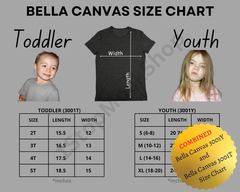 Combined 3001T 3001Y Size Chart, 3001T Toddler Tshirt Size Chart, Bella