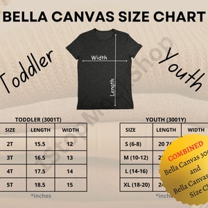 Tabla de tallas Bella Canvas 3001Y Y 3001T, Maqueta de tabla de tallas Bella Canvas 3001Y, Maqueta de tabla de tallas Bella Canvas 3001T, Maqueta de guía de tallas para niños
