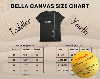 Bella Canvas 3001Y AND 3001T Size Chart, Bella Canvas 3001Y Size Chart Mockup, Bella Canvas 3001T Size Chart Mockup, Kids Size Guide Mockup