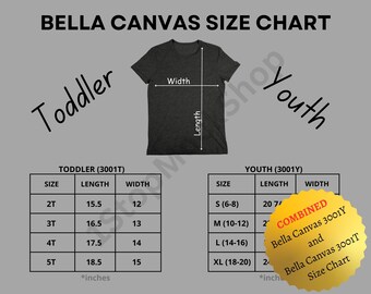 Bella Canvas 3001Y AND 3001T Size Chart, Bella Canvas 3001Y Size Chart Mockup, Bella Canvas 3001T Size Chart Mockup, Kids Size Guide Mockup