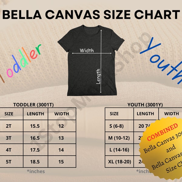 Combined 3001T 3001Y Size Chart, 3001T Toddler TShirt Size Chart, Bella Canvas 3001Y Measurements, 3001T Size Chart, Bella Canvas Size Chart