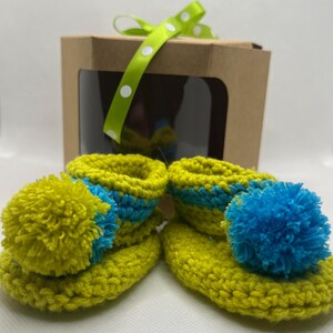 Bright yellow and Blue Pom Pom Booties - Unique Crochet Baby Booties - Gender Neutral Baby Gift - Gift for Gender Reveal