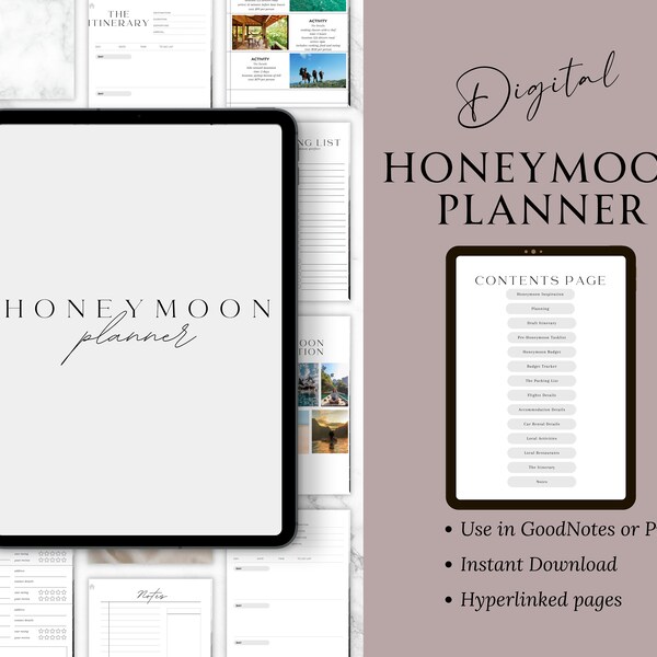 Digital Honeymoon Planner, Minimalist Wedding, Honey Mooning, GoodNotes, Honeymooners, Canva Download, Printable Template, Gift for Wedding