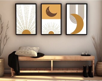 Zestaw plakatów Midcentury Prints Geometryczna sztuka ścienna Boho Rainbow Wall Art Zestaw 3 wydruków, Retro Wall Decore Digital Download