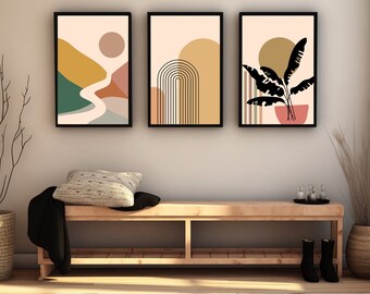 Boho Rainbow Wall Art Set Of Poster Midcentury Boho Flower Art Print For Wall Geometryczny Zestaw 3 Wydruków Retro Wall Decore Digital Download