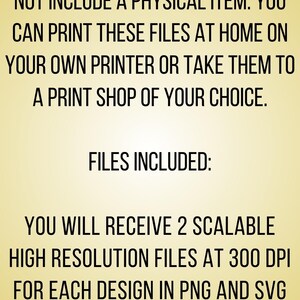 Może przedstawiać: Tekst na ż&oacute;łtym tle, kt&oacute;ry brzmi: "PLEASE NOTE!!! THIS LISTING DOES NOT INCLUDE A PHYSICAL ITEM. YOU CAN PRINT THESE FILES AT HOME ON YOUR OWN PRINTER OR TAKE THEM TO A PRINT SHOP OF YOUR CHOICE. FILES INCLUDED: YOU WILL RECEIVE 2 SCALABLE HIGH RESOLUTION FILES AT 300 DPI FOR EACH DESIGN IN PNG AND SVG FORMAT."