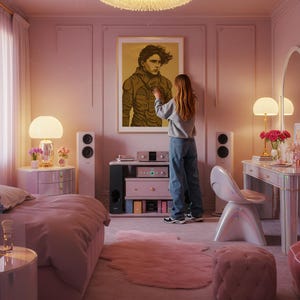 May include: A pink bedroom with a large framed portrait of a man on the wall. The room features a bed, a nightstand with a lamp, a stereo system, and a vanity with a mirror. A person is standing in front of the portrait.