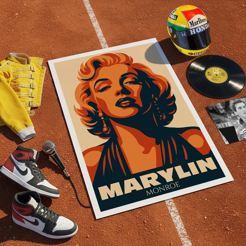 May include: A poster of Marilyn Monroe with orange and navy tones, a yellow jacket, a pair of black and red sneakers, a microphone, a vinyl record, and a racing helmet with the text "Marlboro Honda".