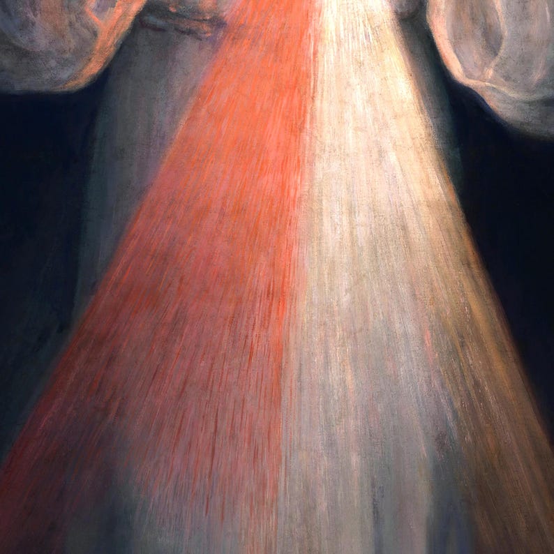 May include: An artistic depiction featuring a central beam of light, divided into red and white sections, emanating from an unseen source. The artwork has a soft, textured appearance with subtle shading and a dark background.
