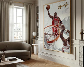 Michael Jordan Canvas Art Print, Basketball Legend Dunk Portrait, Premium 360g Cotton Wall Decor 70x100cm (27.5x39.3in) Chicago Bulls