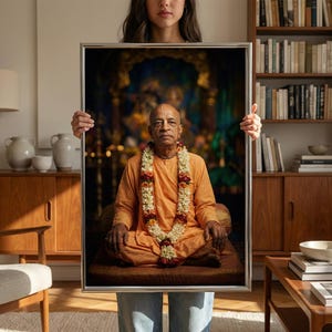 May include: A framed portrait featuring a man in orange robes, adorned with a floral garland. The portrait is held by a person. The background shows a detailed interior with bookshelves and wooden furniture, creating a warm, inviting atmosphere.